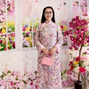 New Ao dai suong kim sa sequin, Vietnamese traditional long dress set m pink 2 🎁